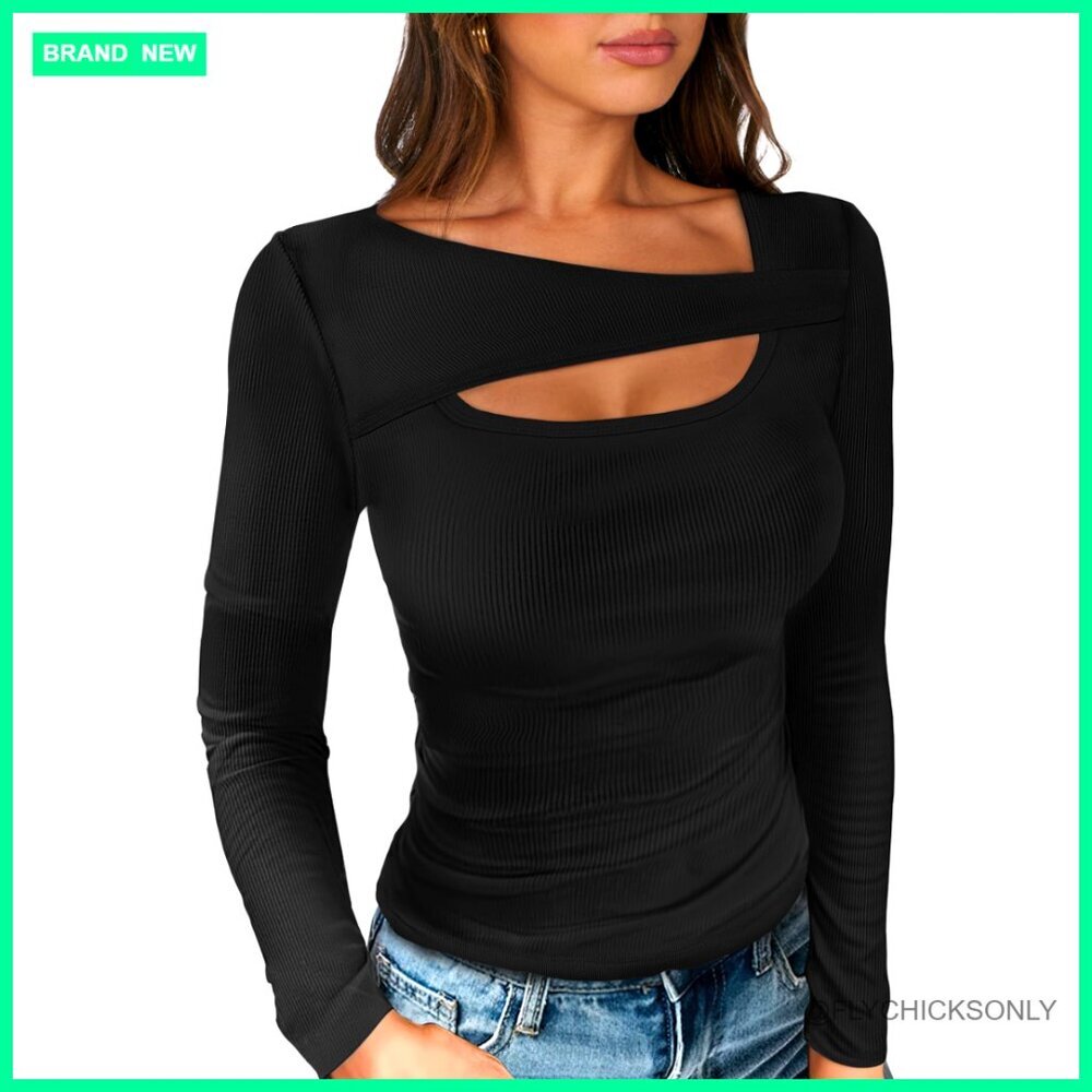 Long Sleeve Ribbed Slim Fit Tee with Cutout Back for Fall Fashion